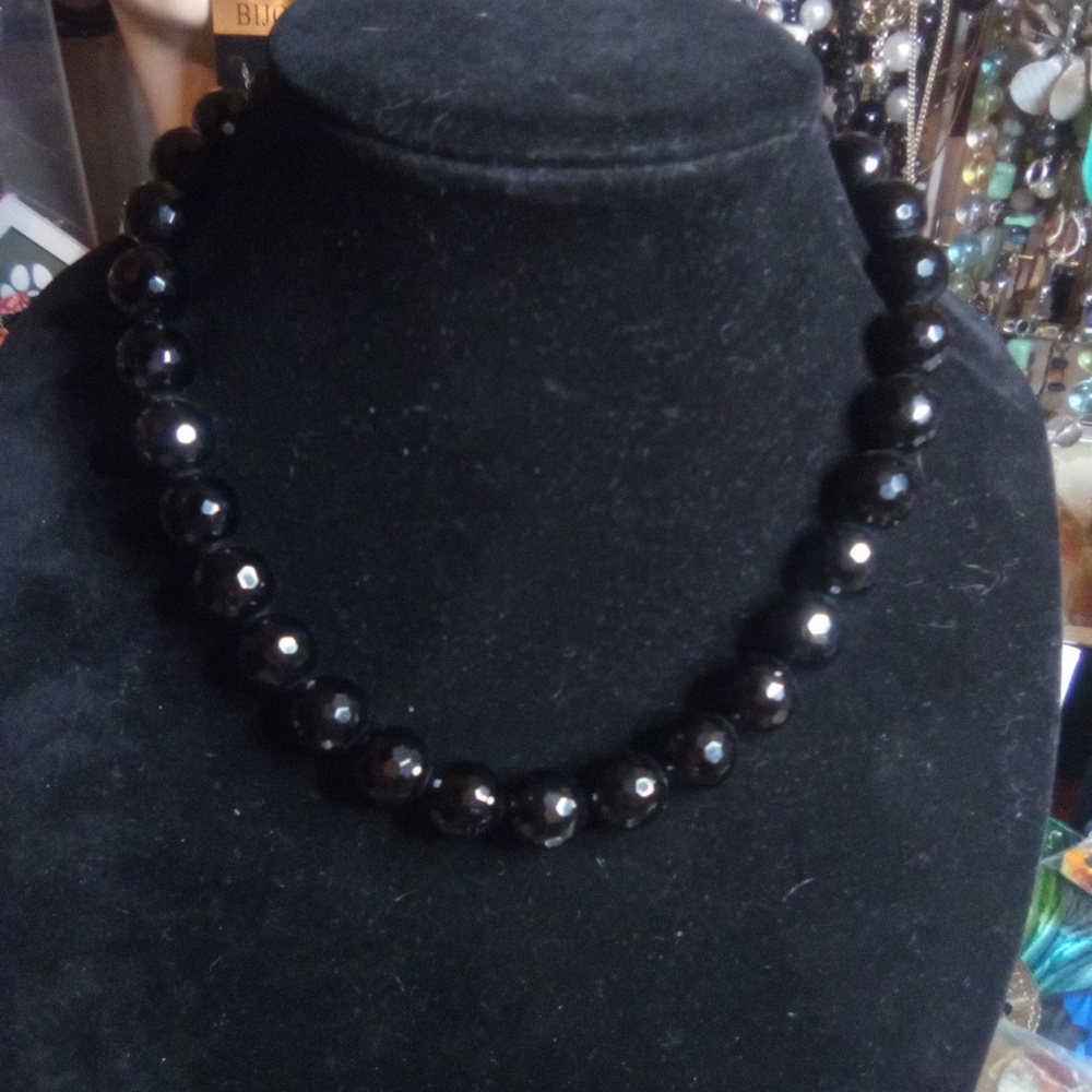 Fancy black faceted bead vintage necklace 925